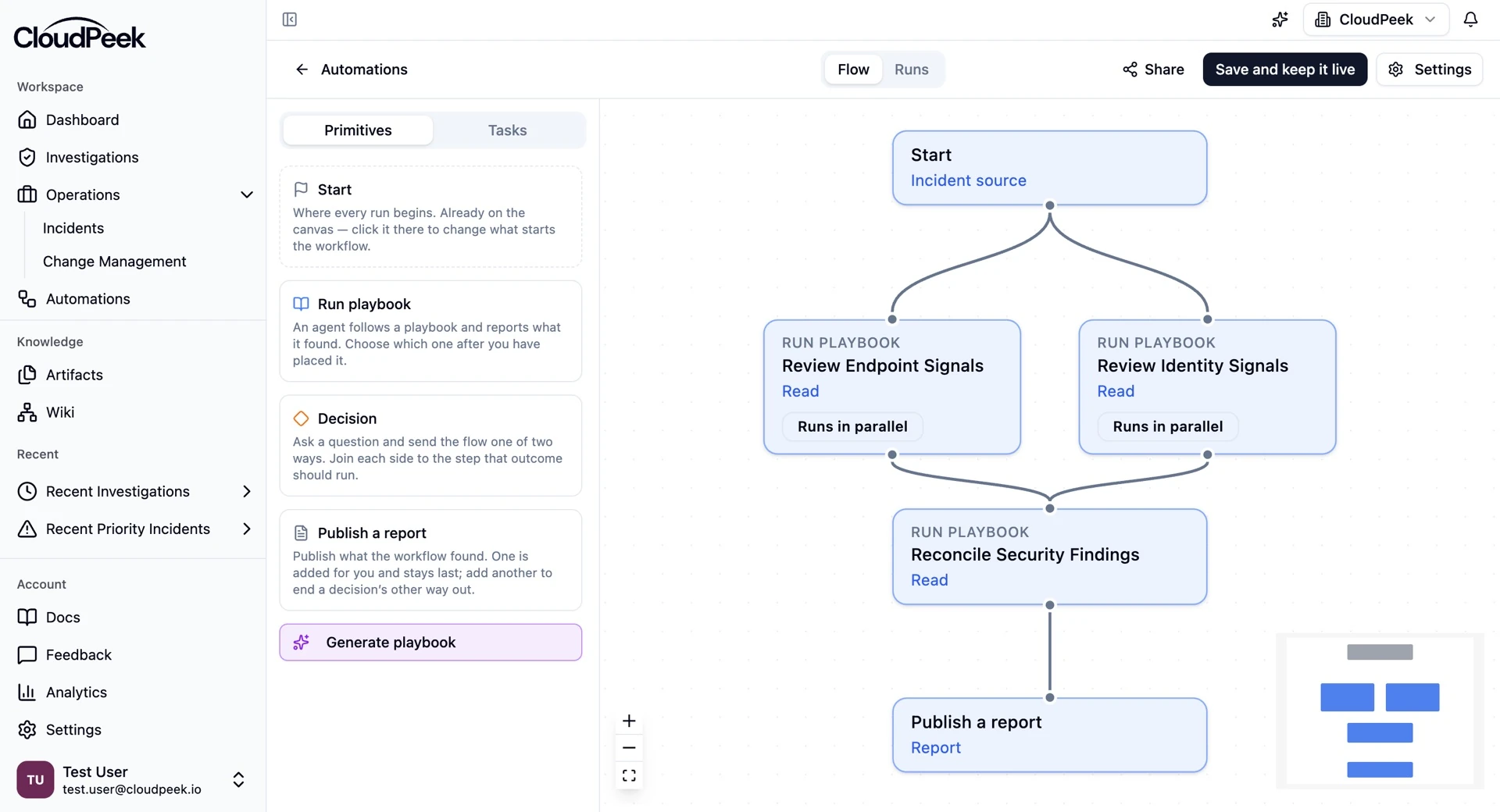 Full CloudPeek automation editor showing parallel playbooks, a reconciliation step and a published report