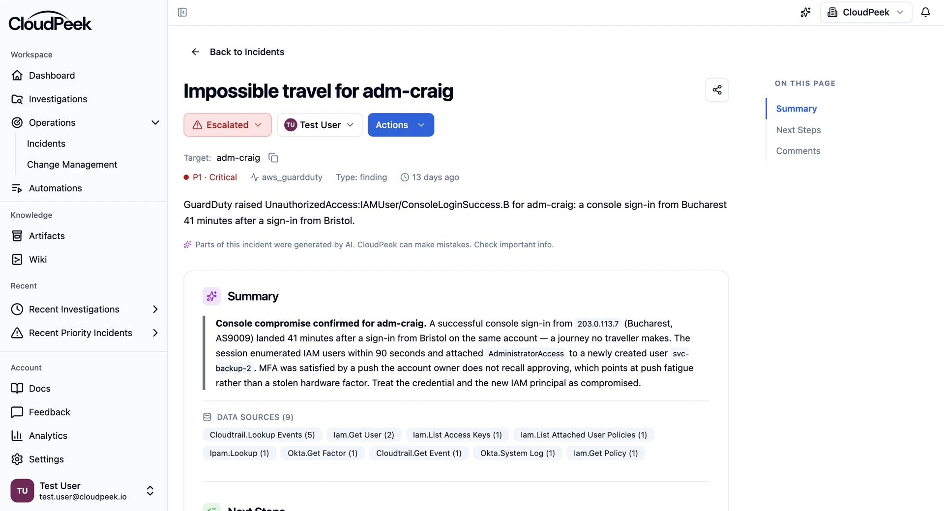 Full CloudPeek incident workspace showing an AI summary of an impossible-travel sign-in and its data sources