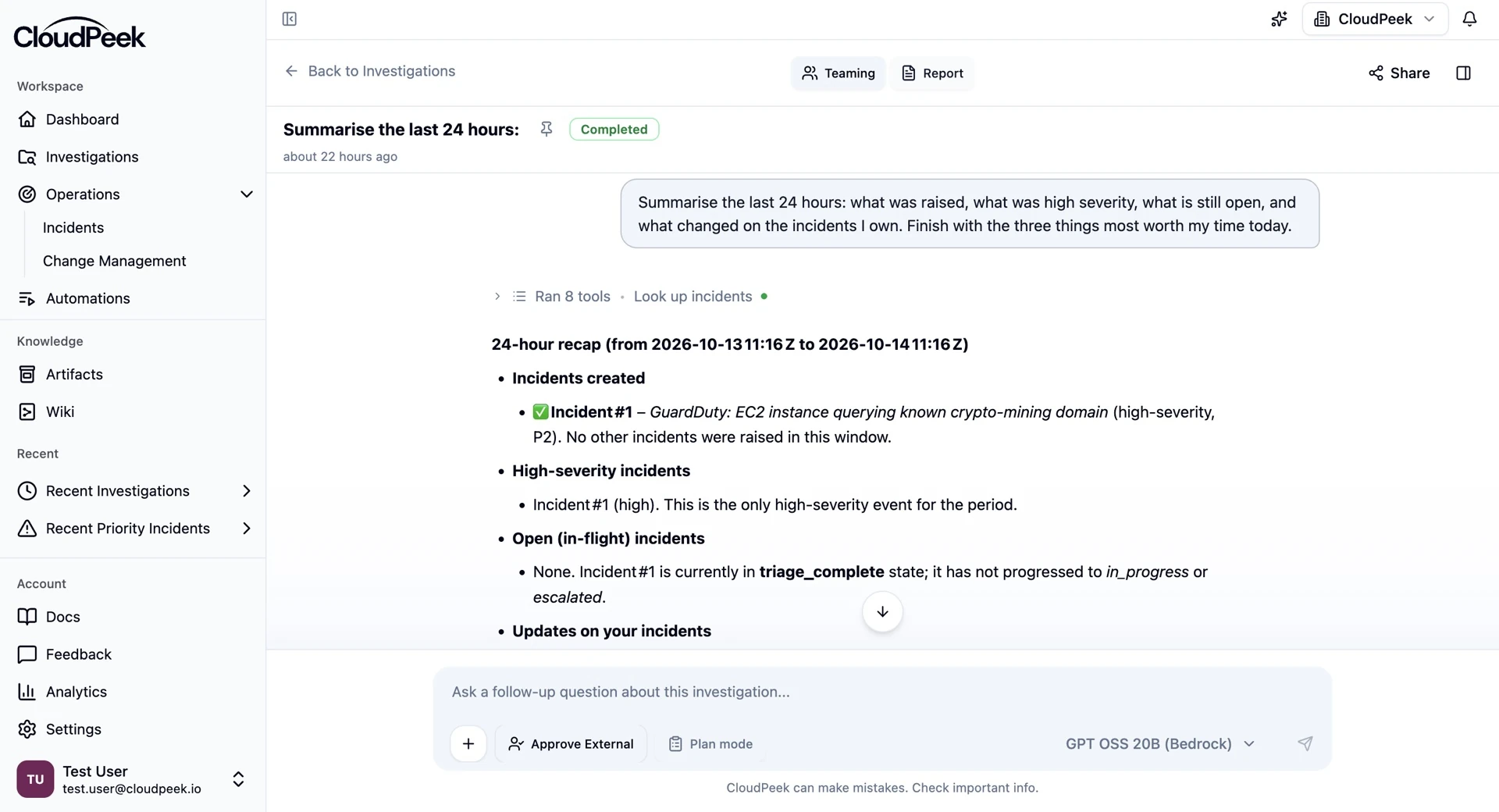 Full CloudPeek investigation answering a request to summarise the last 24 hours of incidents